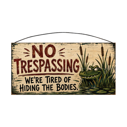 No Trespassing We're Tired of Hiding the Bodies alligator wood sign, 7 x 14 inches — solid pine