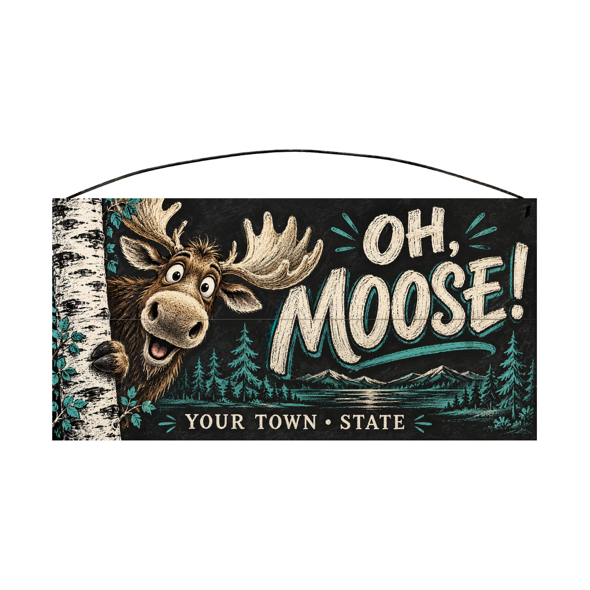 Personalized Oh, Moose! wood sign, 7 x 14 in — Cartoon moose peeking around a birch tree, with your town and state