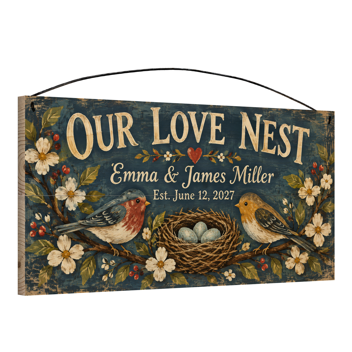 Our Love Nest personalized wood sign, angled view showing the pine edge