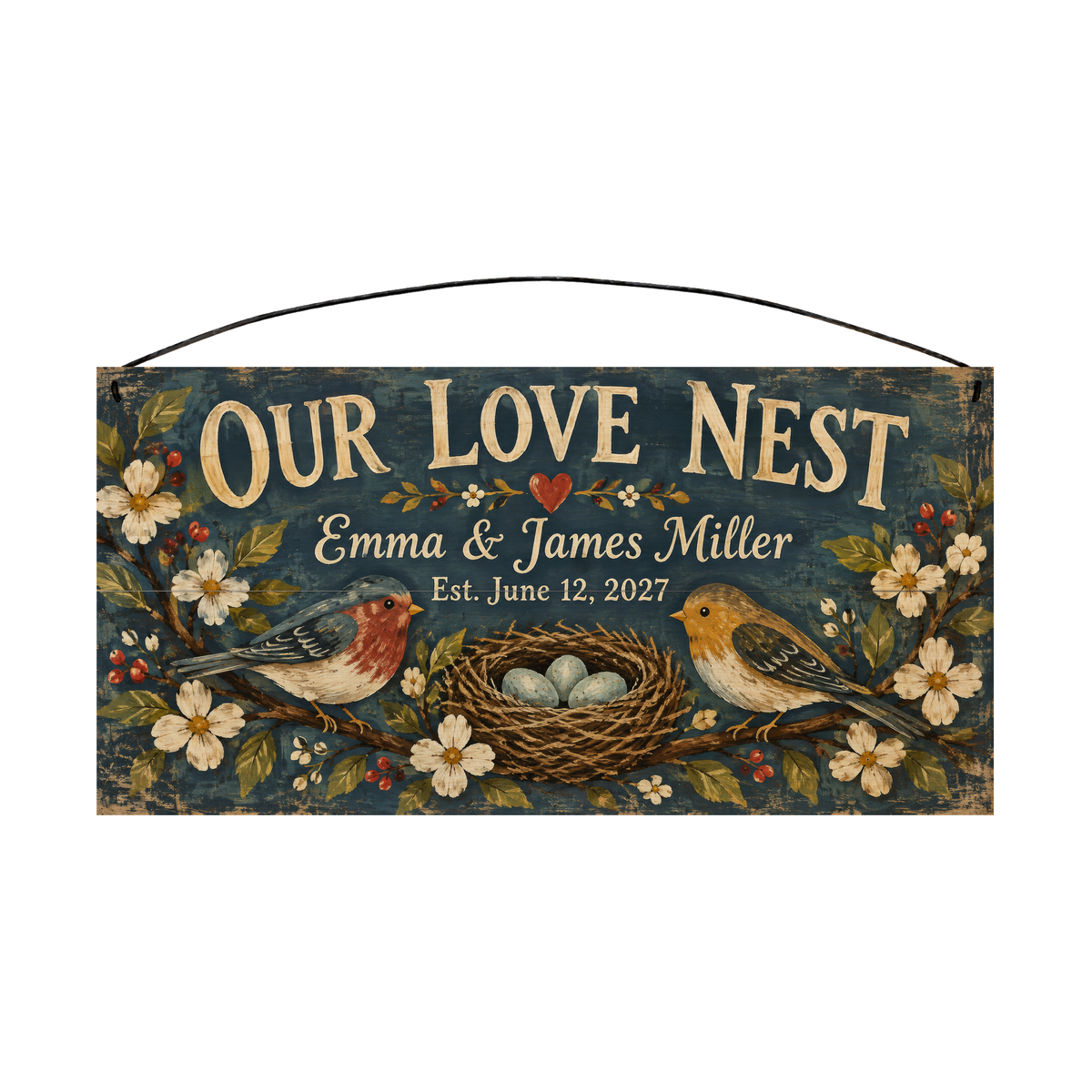 Our Love Nest personalized wood sign, front view with sample wording
