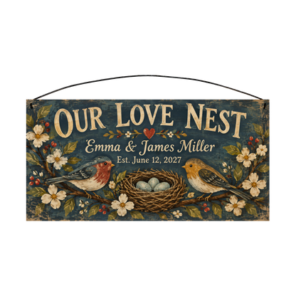 Our Love Nest personalized wood sign, front view with sample wording
