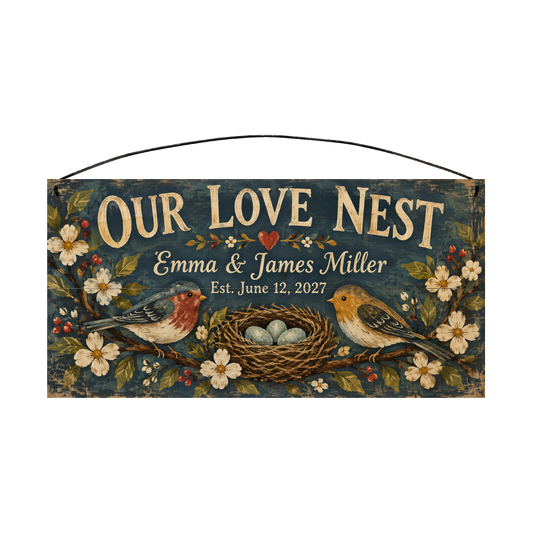 Our Love Nest personalized wood sign, front view with sample wording