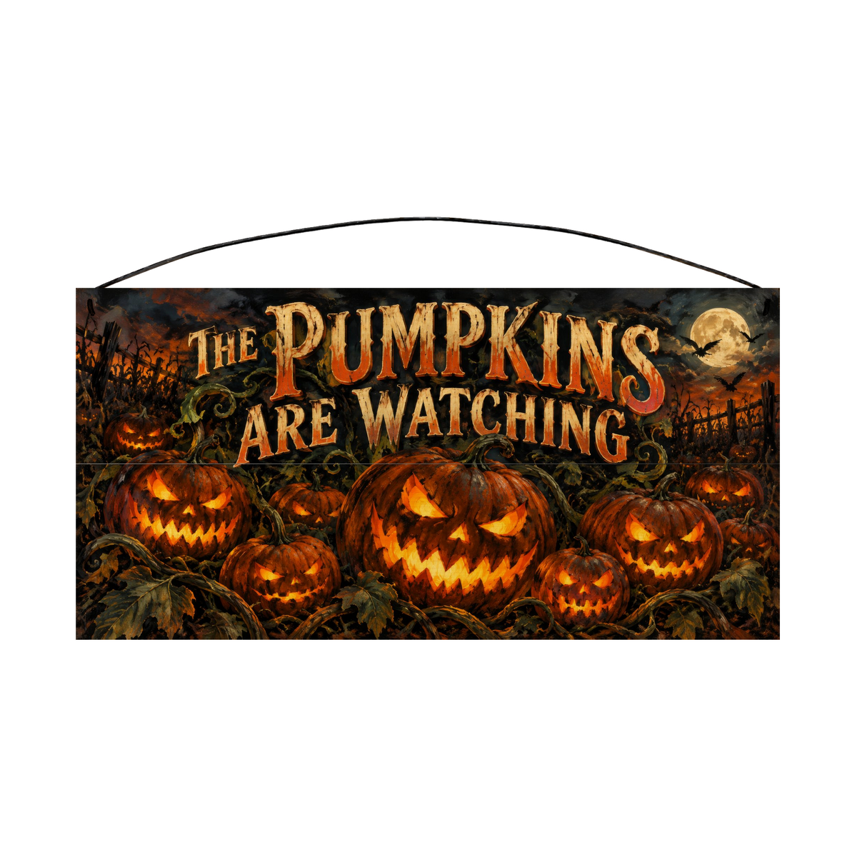The Pumpkins Are Watching 7x14 wood sign, front