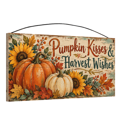 Pumpkin Kisses & Harvest Wishes Sunflower wood sign, 7x14, angled view showing the pine edge
