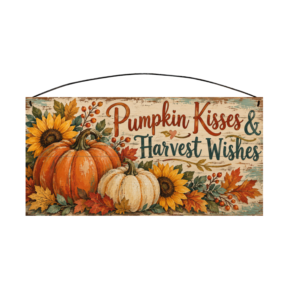 Pumpkin Kisses & Harvest Wishes Sunflower wood sign, 7x14, front