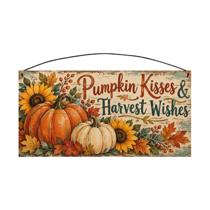 Pumpkin Kisses & Harvest Wishes Sunflower wood sign, 7x14, front