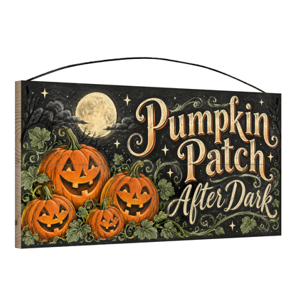 Pumpkin Patch After Dark 7x14 wood sign, angle view