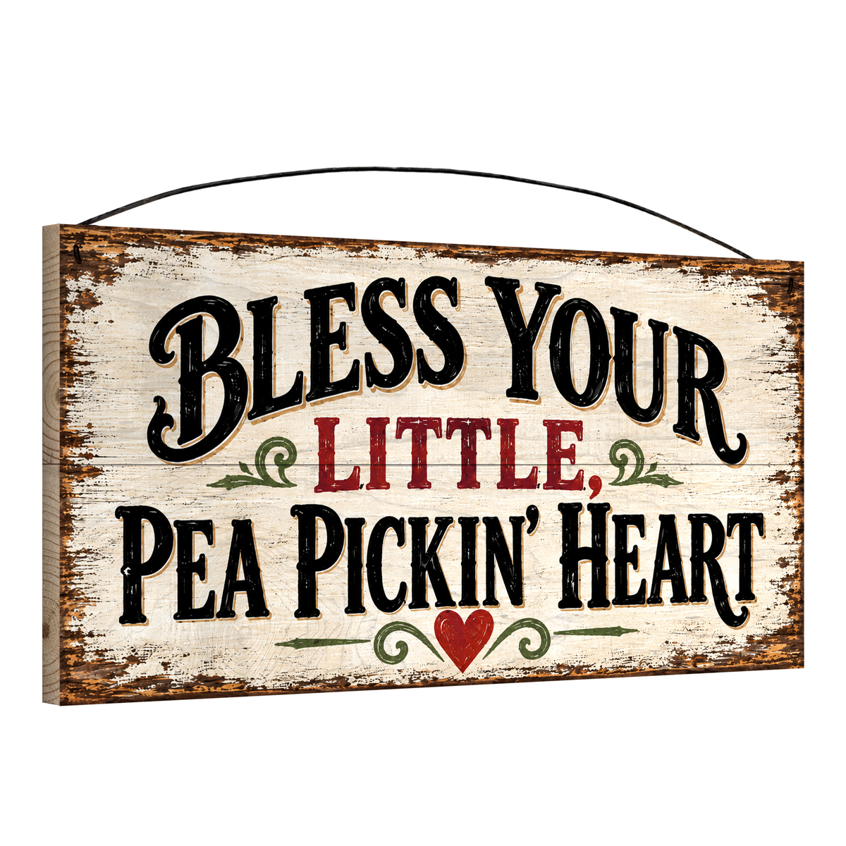 Bless Your Little Pea Pickin' Heart Wood Sign, 7×14 — angled view, solid pine