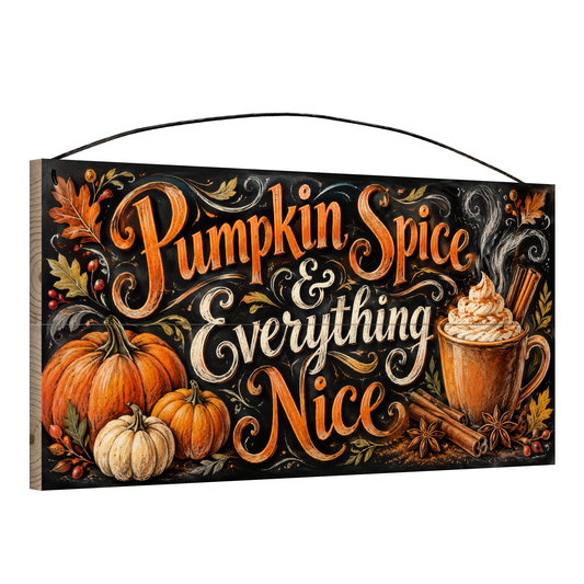 Pumpkin Spice & Everything Nice Latte Chalkboard wood sign, 7x14, angled view showing the pine edge