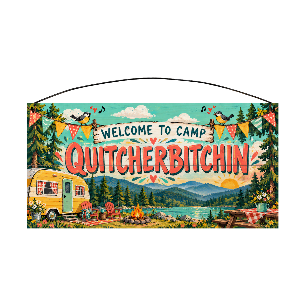 Welcome to Camp Quitcherbitchin Vintage Camper Wood Sign, 7×14 — solid pine