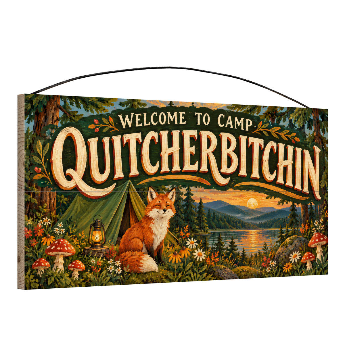 Angled view of Welcome to Camp Quitcherbitchin Woodland Fox wood sign, 7 × 14 in, showing board thickness and wire hanger