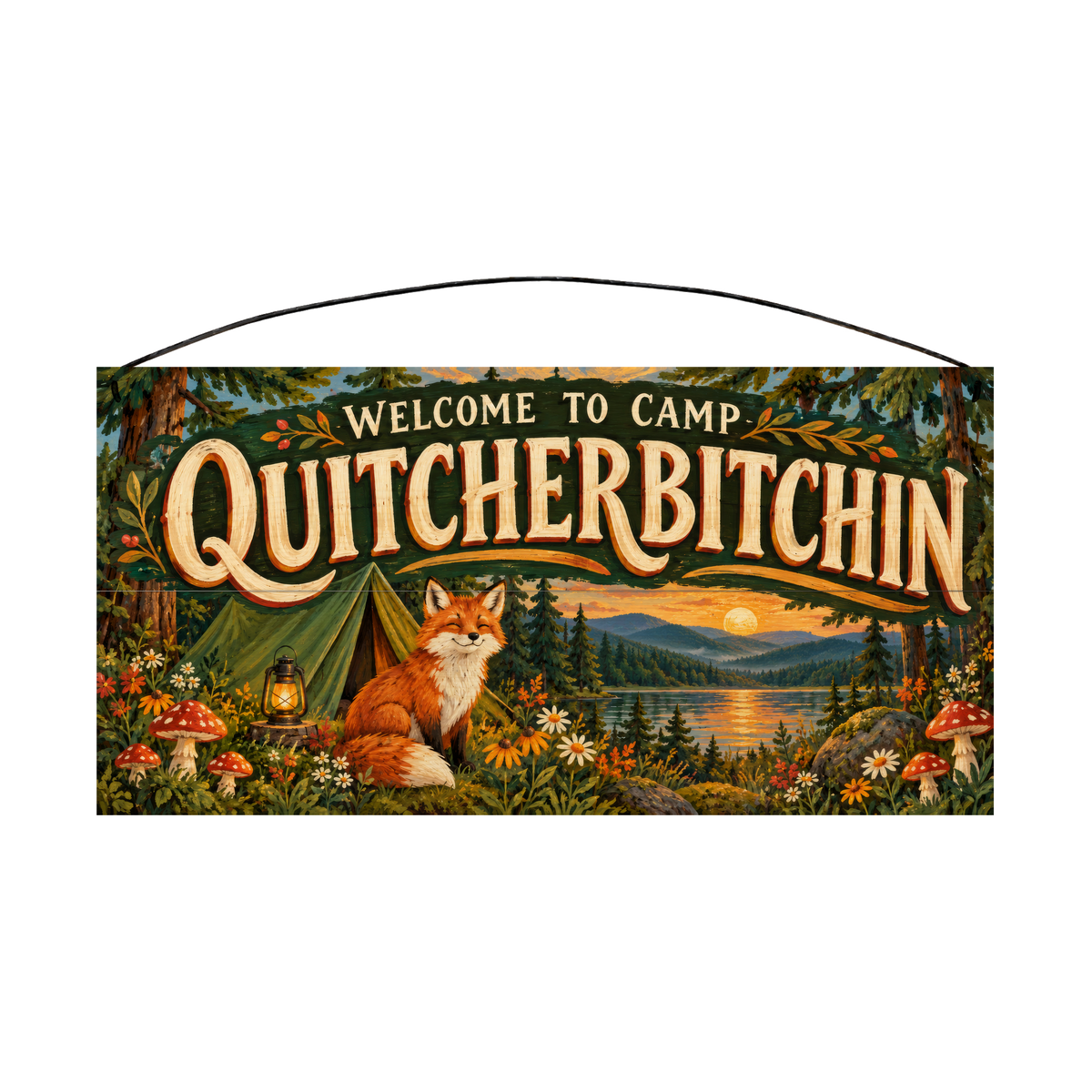 Welcome to Camp Quitcherbitchin Woodland Fox Wood Sign, 7×14 — solid pine