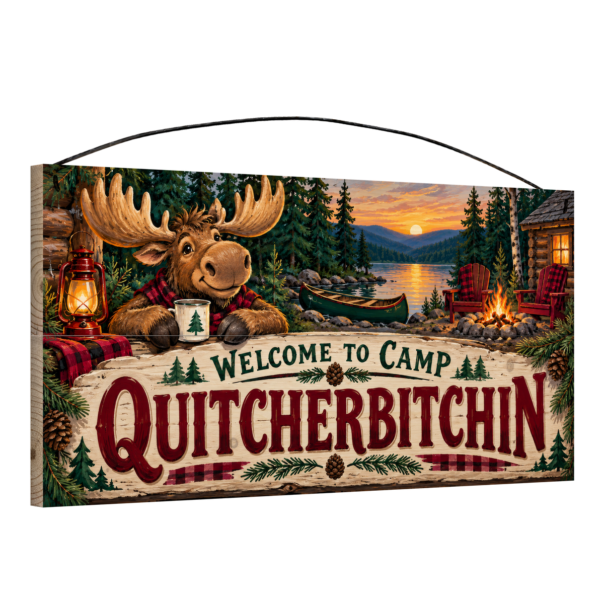 Angled view of Welcome to Camp Quitcherbitchin Plaid Moose wood sign, 7 × 14 in, showing board thickness and wire hanger