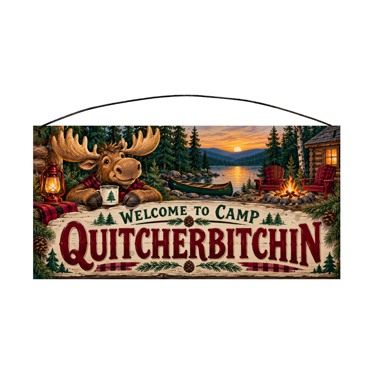 Welcome to Camp Quitcherbitchin Plaid Moose Wood Sign, 7×14 — solid pine