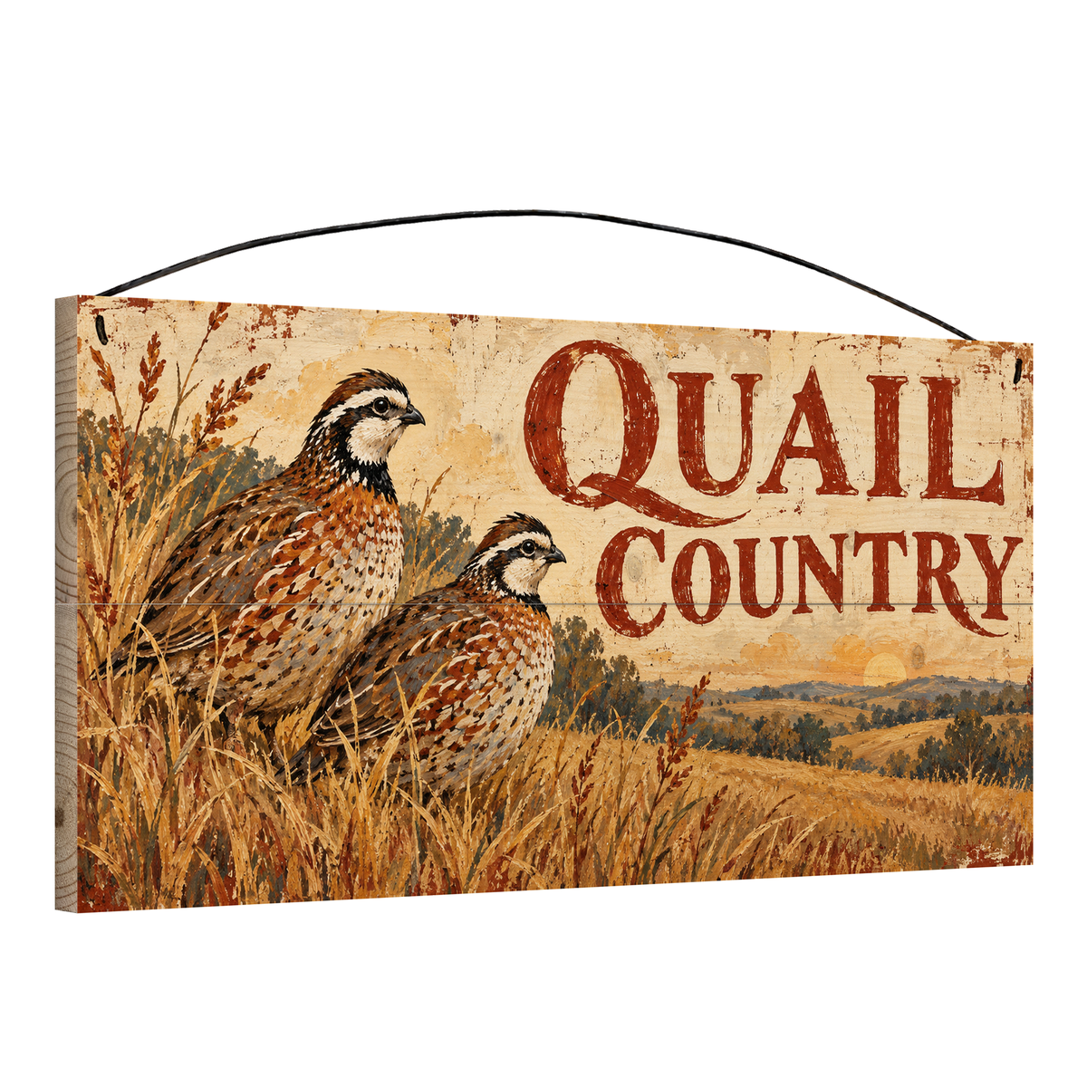 Quail Country 7x14 pine wood sign, angled view showing the edge and wire hanger