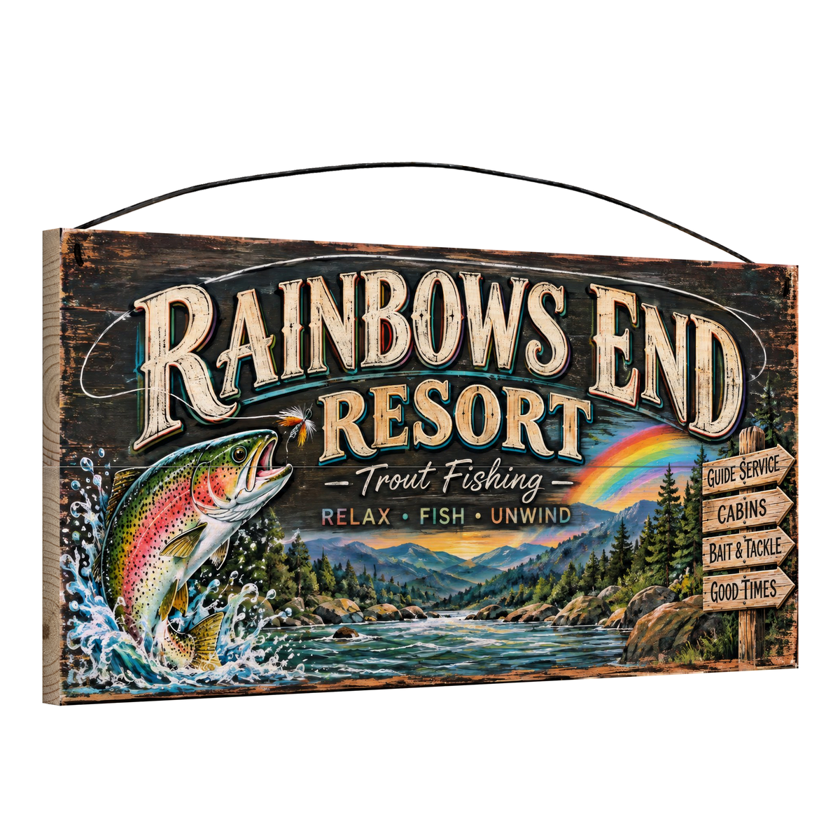 Angled view of Rainbows End Resort trout fishing wood sign, 7 × 14 in, showing board thickness and wire hanger