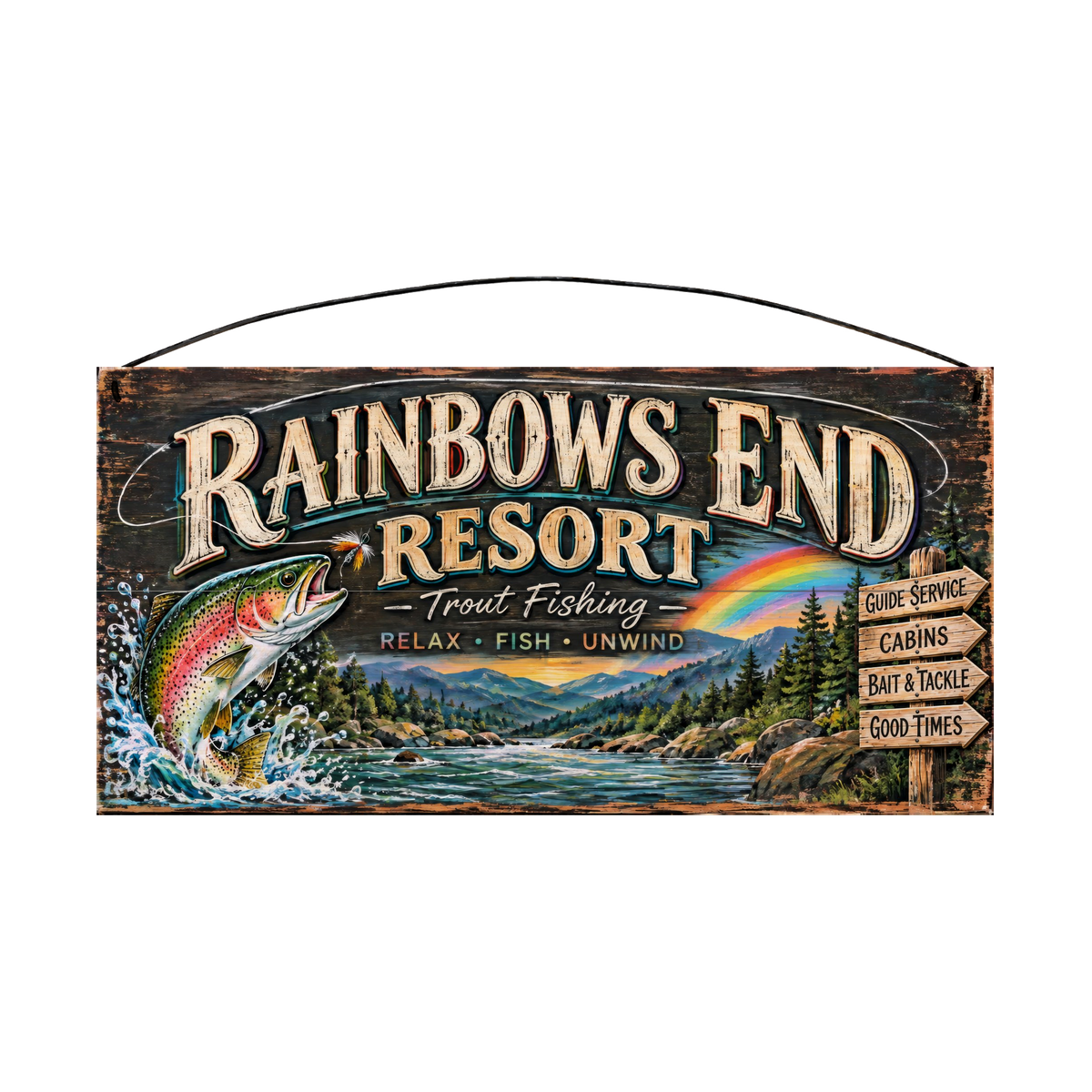 Rainbows End Resort Trout Fishing Wood Sign, 7×14 — solid pine