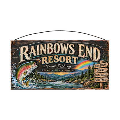 Rainbows End Resort Trout Fishing Wood Sign, 7×14 — solid pine