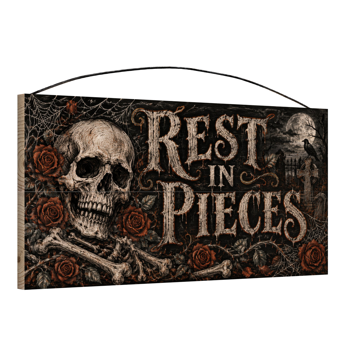 Rest in Pieces Skull & Roses 7x14 wood sign, angle view