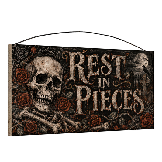 Rest in Pieces Skull & Roses 7x14 wood sign, angle view