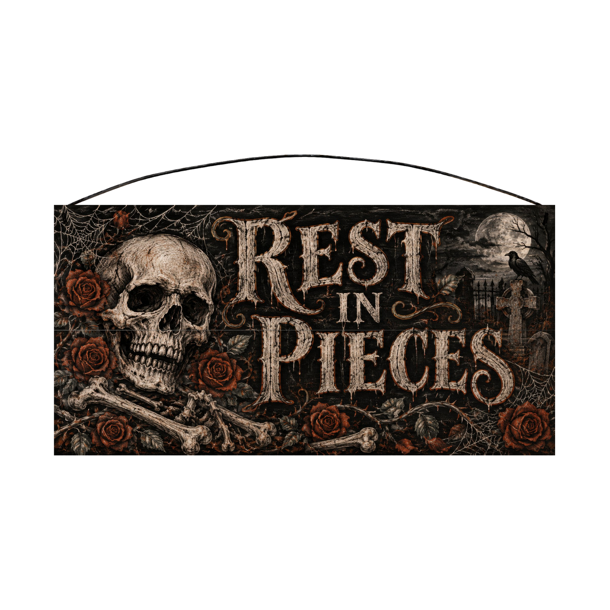 Rest in Pieces Skull & Roses 7x14 wood sign, front