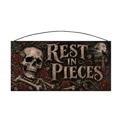 Rest in Pieces Skull & Roses 7x14 wood sign, front