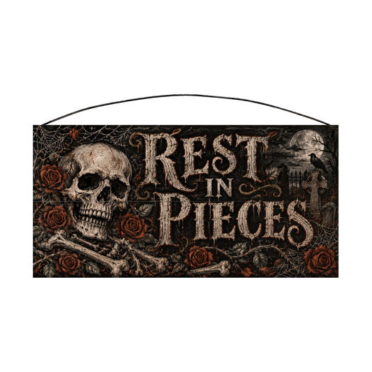 Rest in Pieces Skull & Roses 7x14 wood sign, front