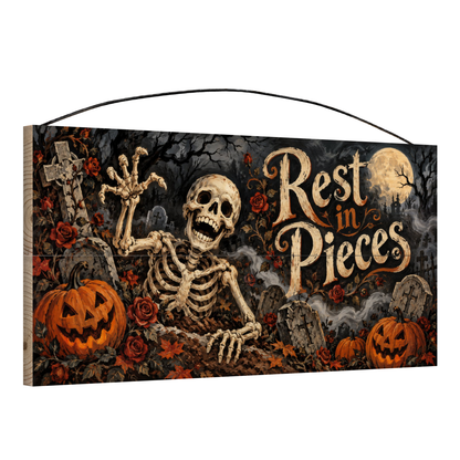 Rest in Pieces Graveyard Skeleton 7x14 wood sign, angle view