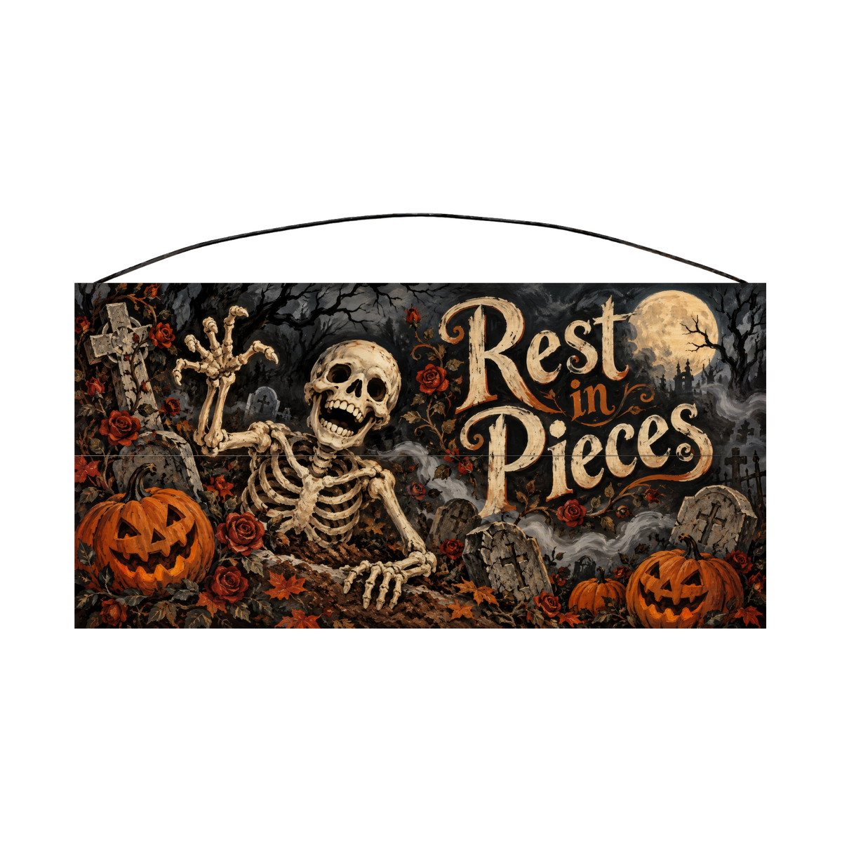 Rest in Pieces Graveyard Skeleton 7x14 wood sign, front