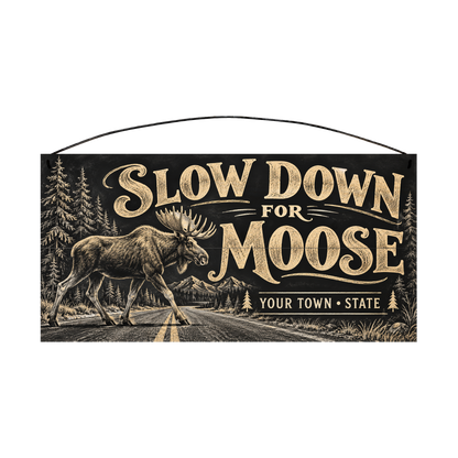 Personalized Slow Down for Moose wood sign, 7 x 14 in — Bull moose crossing a mountain road, with your town and state