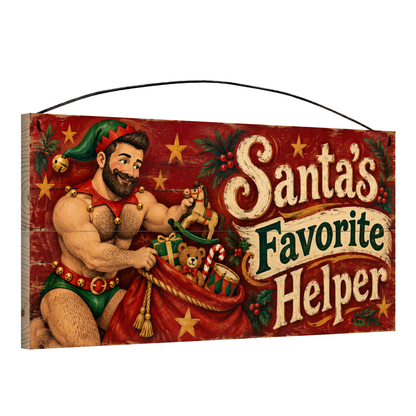 Angled view of the Santa's Favorite Helper Elf Wood Sign 7 x 14 pine wood sign showing the board edge and hanging wire