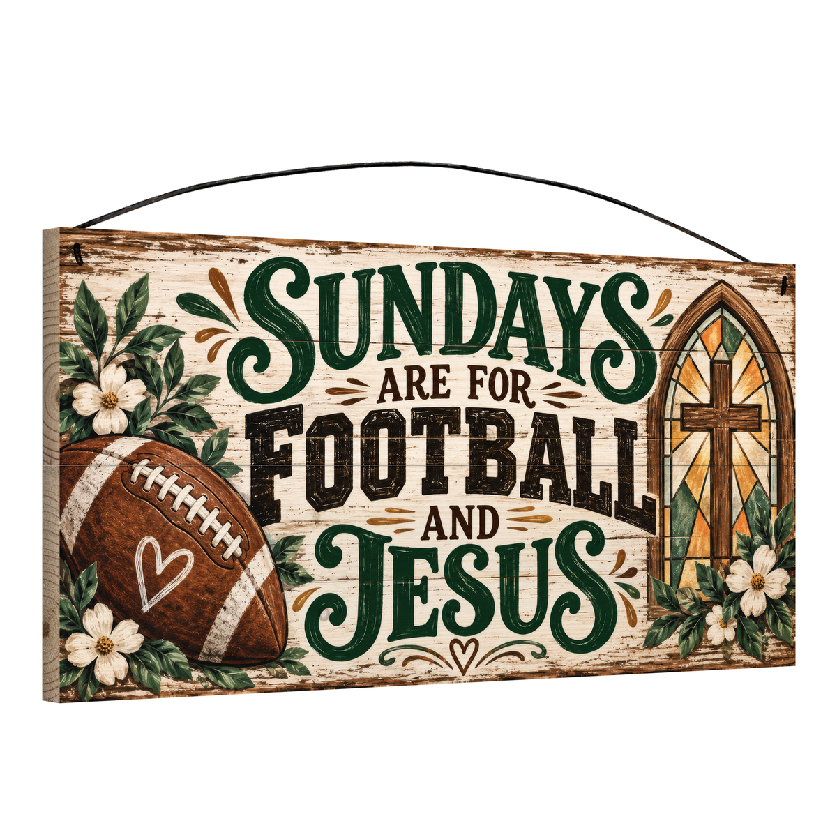 Sundays Are for Football and Jesus Stained Glass Cross 7x14 wood sign, angled view