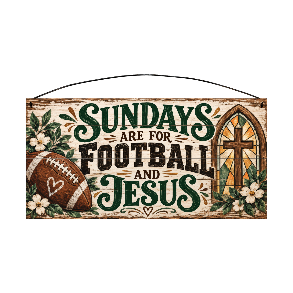 Sundays Are for Football and Jesus Stained Glass Cross 7x14 wood sign, front