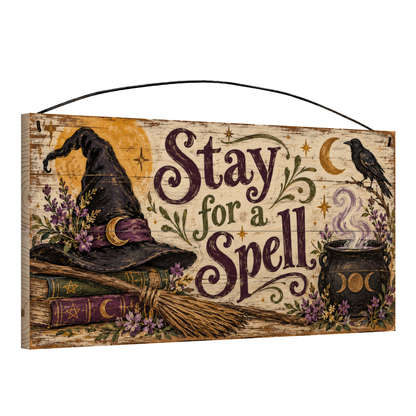 Stay for a Spell 7x14 wood sign, angle view