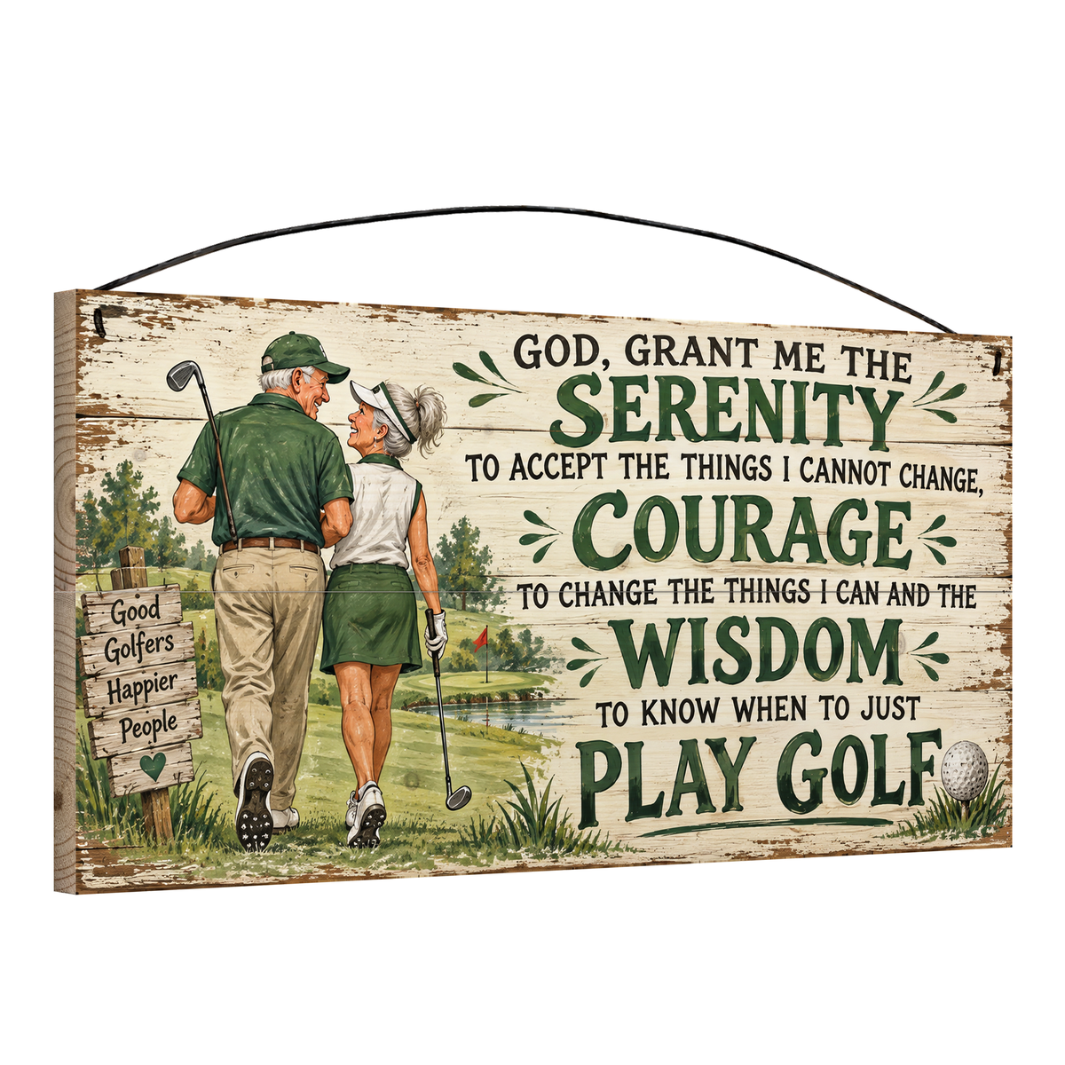 Angled view of the Play Golf Serenity Prayer Golfing Couple 7 x 14 in pine wood sign, showing the board thickness, slat ends and wire hanger