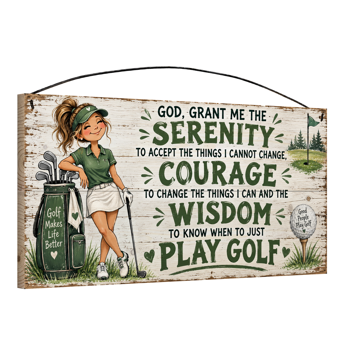 Angled view of the Play Golf Serenity Prayer Lady Golfer 7 x 14 in pine wood sign, showing the board thickness, slat ends and wire hanger