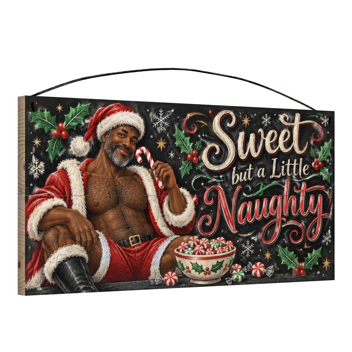 Angled view of the Sweet but a Little Naughty Santa Wood Sign 7 x 14 pine wood sign showing the board edge and hanging wire