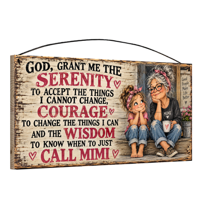 Angled view of the Call Mimi Serenity Prayer 7 x 14 in pine wood sign, showing the board thickness, slat ends and wire hanger