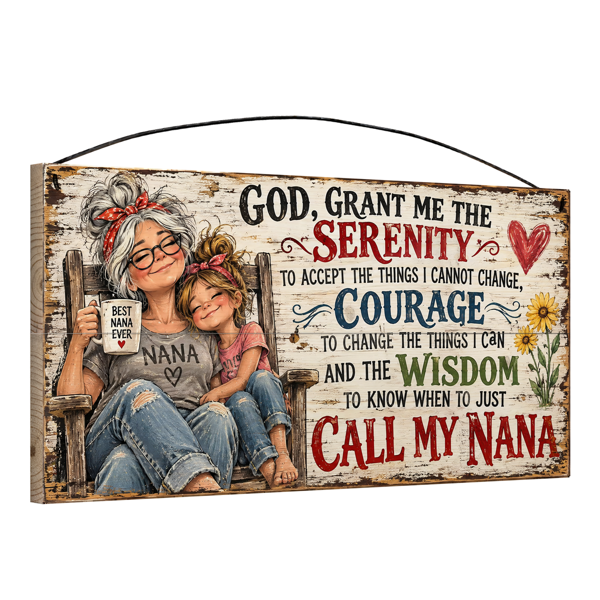 Angled view of the Call My Nana Serenity Prayer 7 x 14 in pine wood sign, showing the board thickness, slat ends and wire hanger