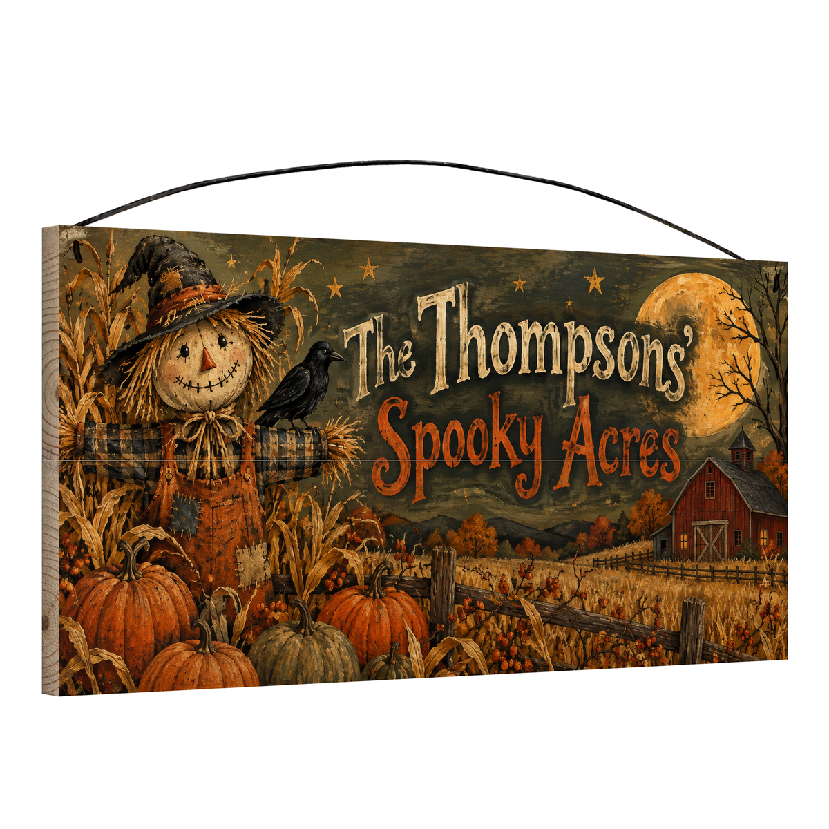 Personalized Spooky Acres Scarecrow Halloween Wood Sign – Custom Family Name, 7×14