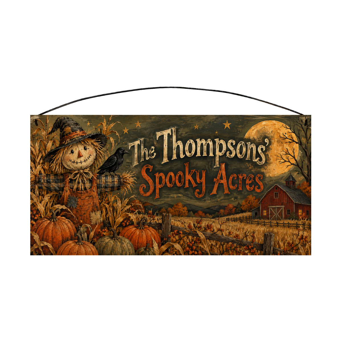 Personalized Spooky Acres Scarecrow Halloween Wood Sign – Custom Family Name, 7×14