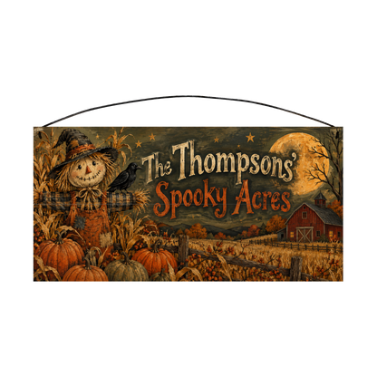 Personalized Spooky Acres Scarecrow Halloween Wood Sign – Custom Family Name, 7×14