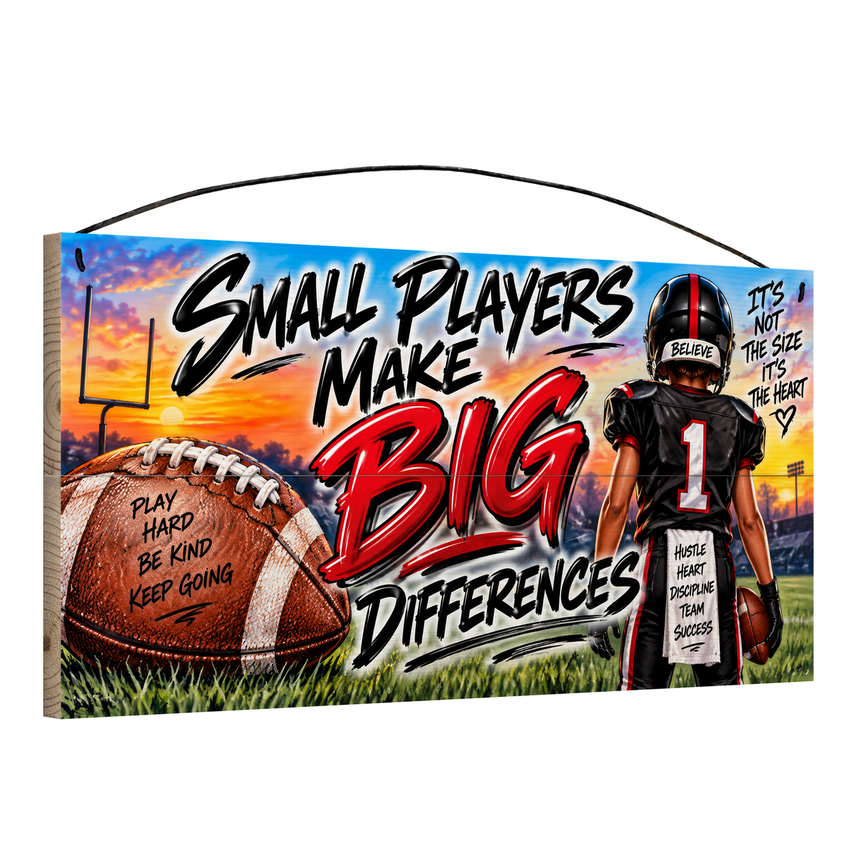 Small Players Make Big Differences Youth Football Wood Sign, 7×14 — angled view, solid pine