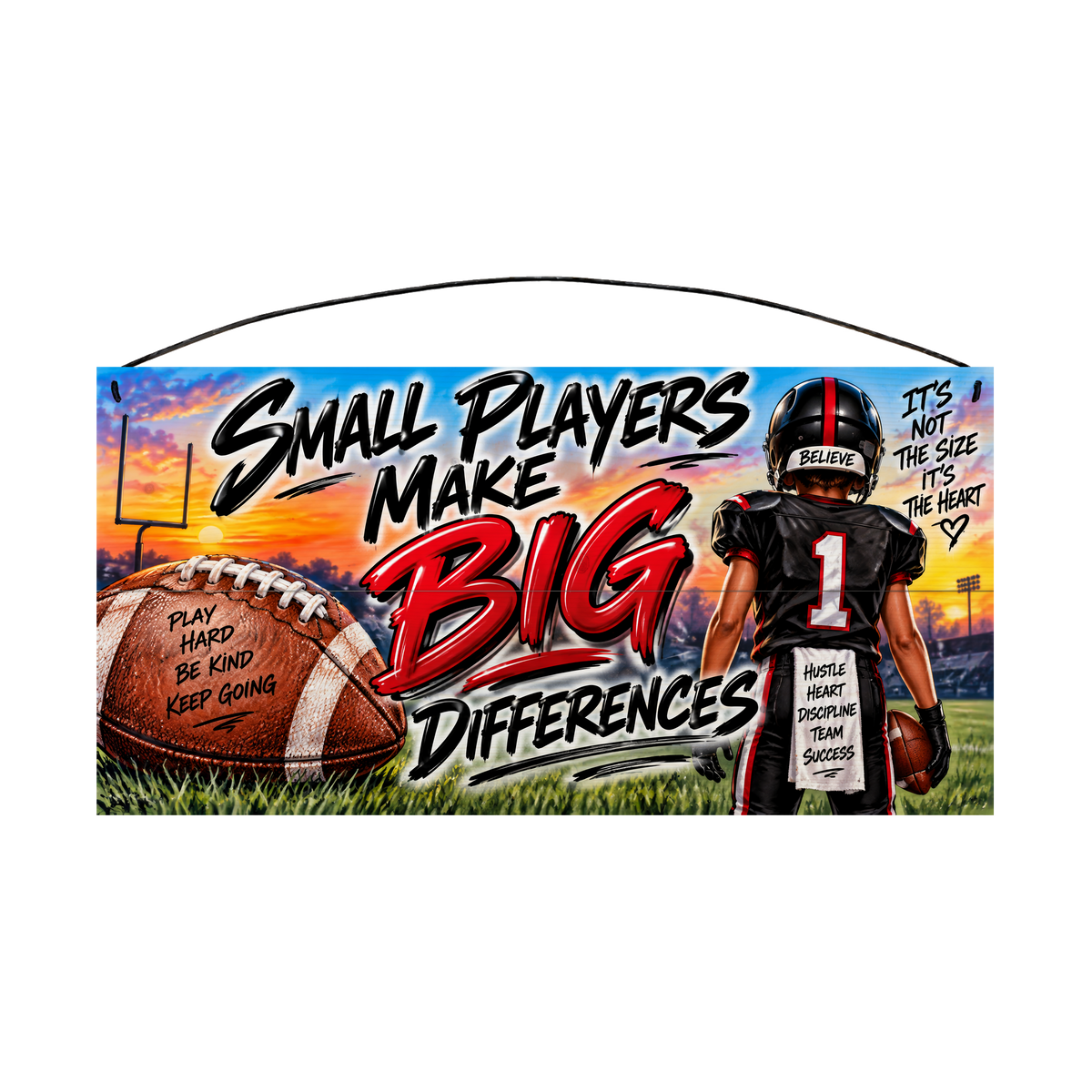 Small Players Make Big Differences Youth Football Wood Sign, 7×14 — solid pine