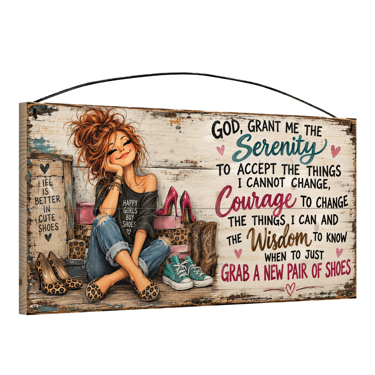 Angled view of the Grab a New Pair of Shoes Serenity Prayer 7 x 14 in pine wood sign, showing the board thickness, slat ends and wire hanger