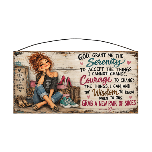 Grab a New Pair of Shoes Serenity Prayer wood sign, 7 x 14 in, teal, raspberry and brown lettering beside a redhead surrounded by shoes and shoe boxes, whitewashed pine