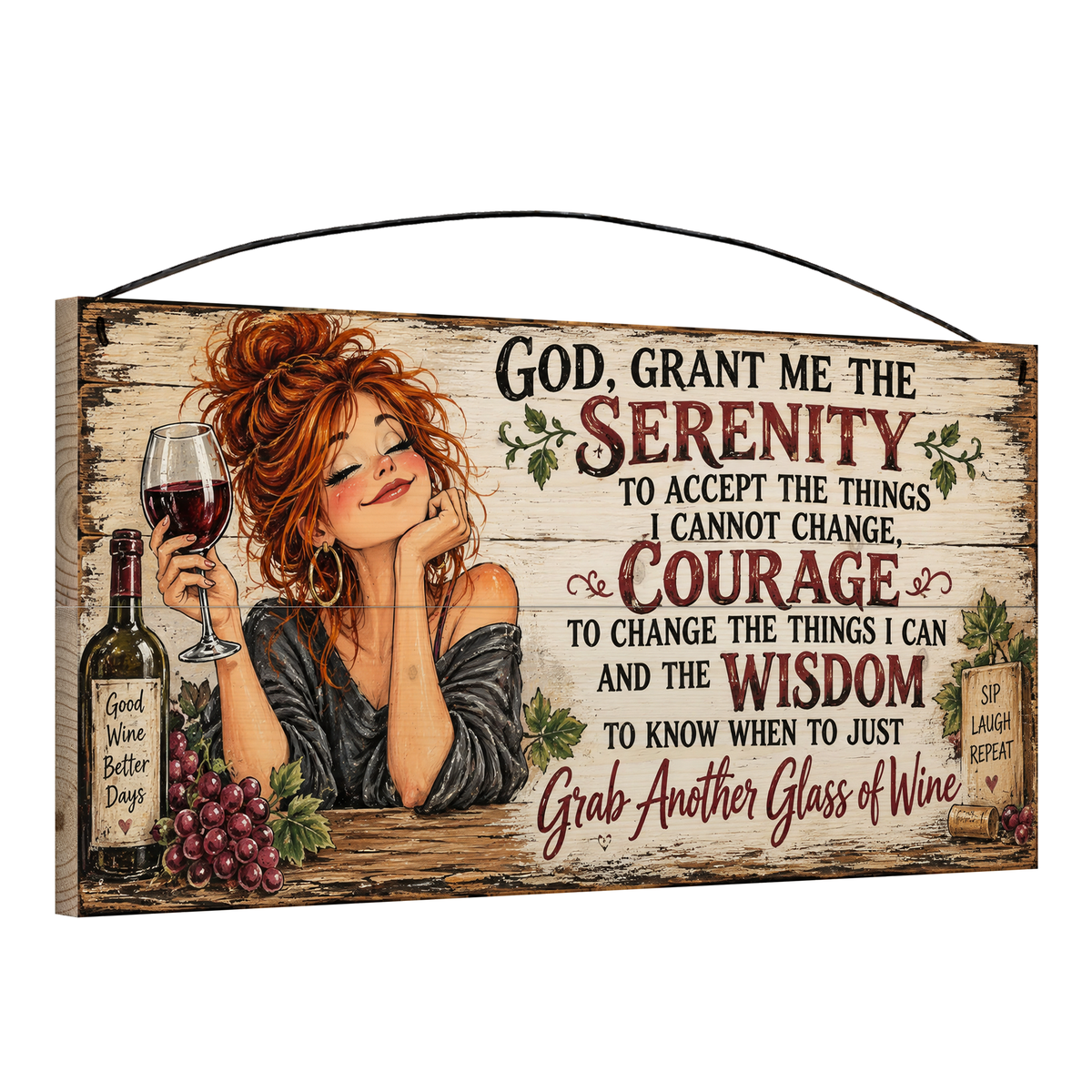 Angled view of the Grab Another Glass of Wine Serenity Prayer Grapes & Vines 7 x 14 in pine wood sign, showing the board thickness, slat ends and wire hanger