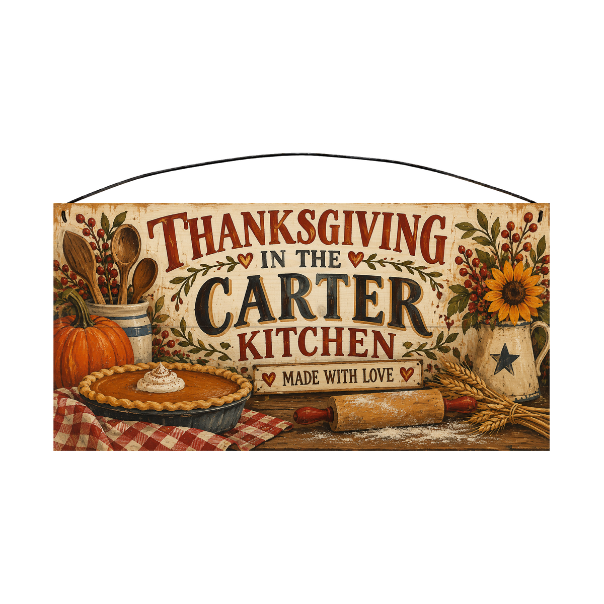 Personalized Thanksgiving Kitchen 7x14 pine wood sign, front view