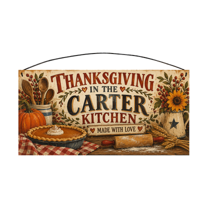Personalized Thanksgiving Kitchen 7x14 pine wood sign, front view