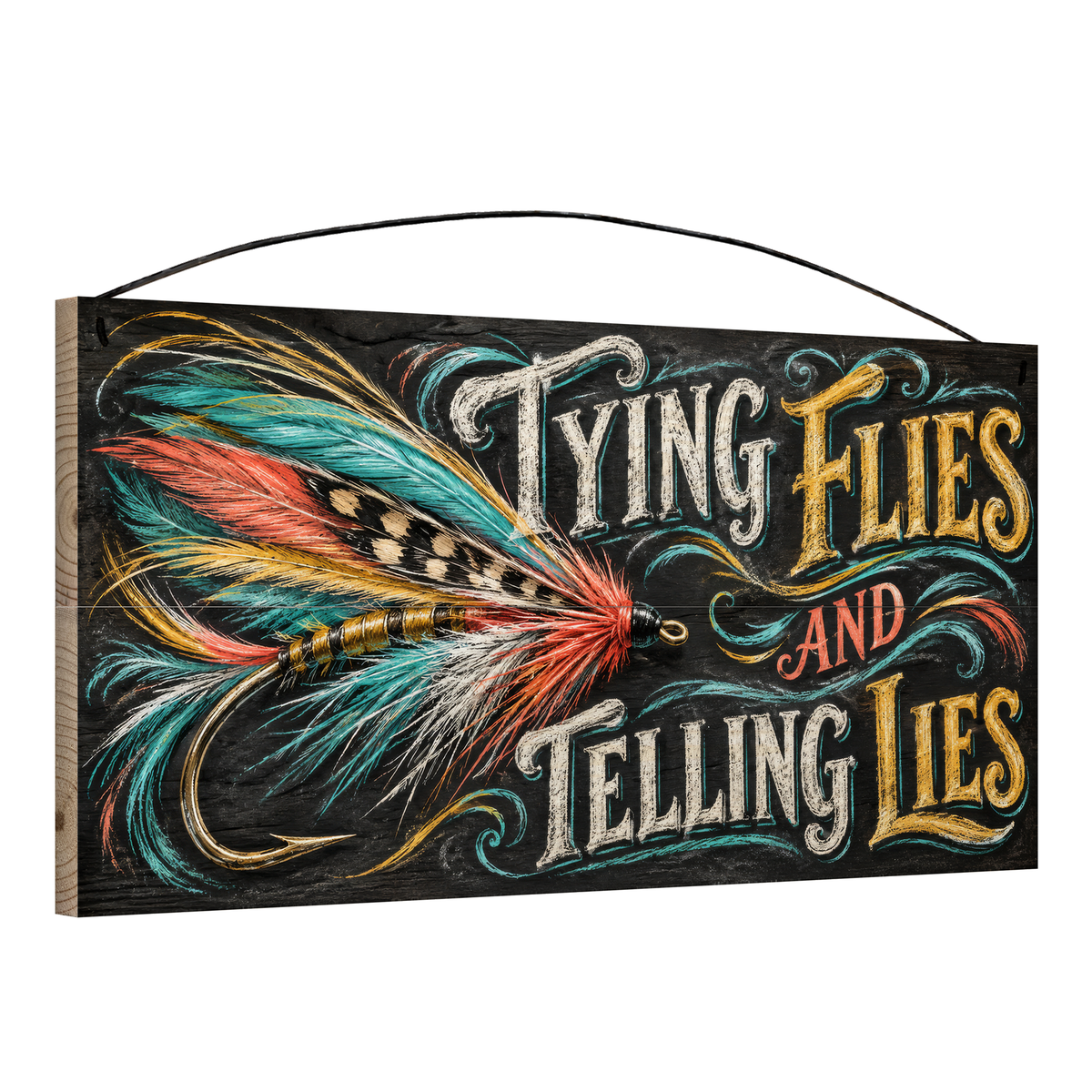Angled view of Tying Flies and Telling Lies wood sign, 7 × 14 in, showing board thickness and wire hanger